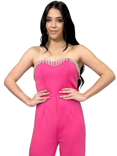 Marc Defang 8180 Size 2, 12 Hot Pink Long Scuba Strapless Jumpsuit Crystal Fringe Tassel Pageant Neon