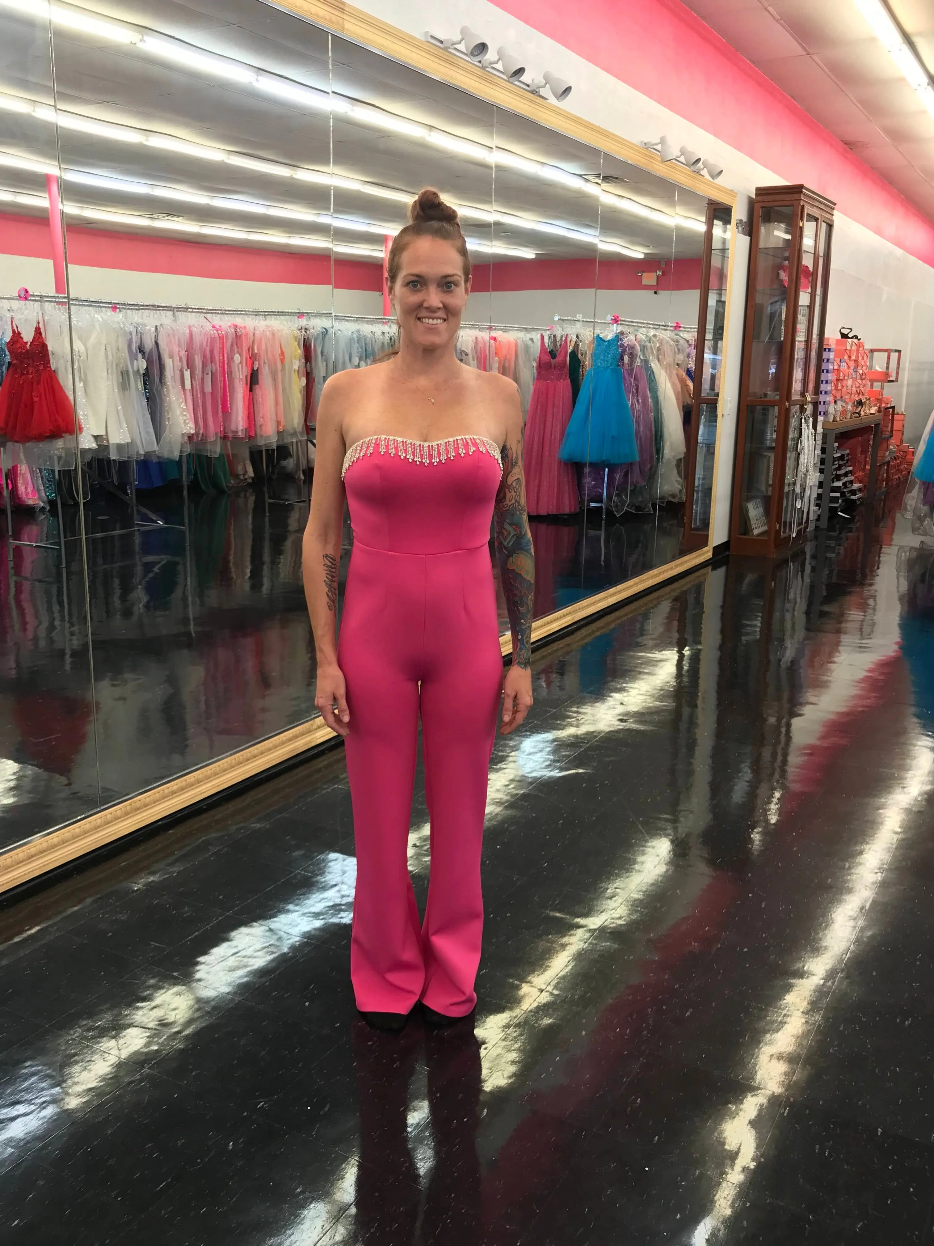 Marc Defang 8180 Size 2, 12 Hot Pink Long Scuba Strapless Jumpsuit Crystal Fringe Tassel Pageant Neon