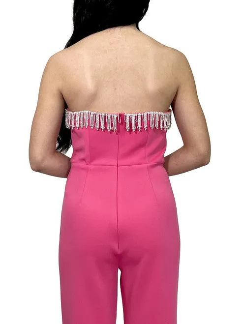 Marc Defang 8180 Size 2, 12 Hot Pink Long Scuba Strapless Jumpsuit Crystal Fringe Tassel Pageant Neon