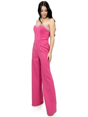 Marc Defang 8180 Size 2, 12 Hot Pink Long Scuba Strapless Jumpsuit Crystal Fringe Tassel Pageant Neon