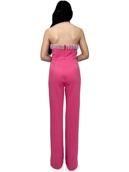 Marc Defang 8180 Size 2, 12 Hot Pink Long Scuba Strapless Jumpsuit Crystal Fringe Tassel Pageant Neon