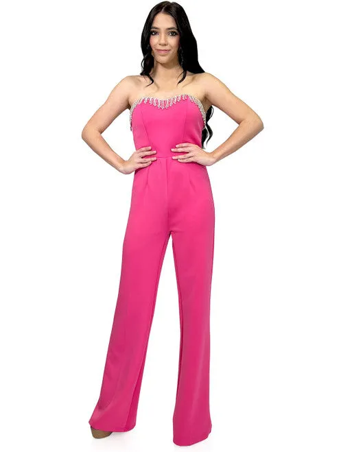 Marc Defang 8180 Size 2, 12 Hot Pink Long Scuba Strapless Jumpsuit Crystal Fringe Tassel Pageant Neon