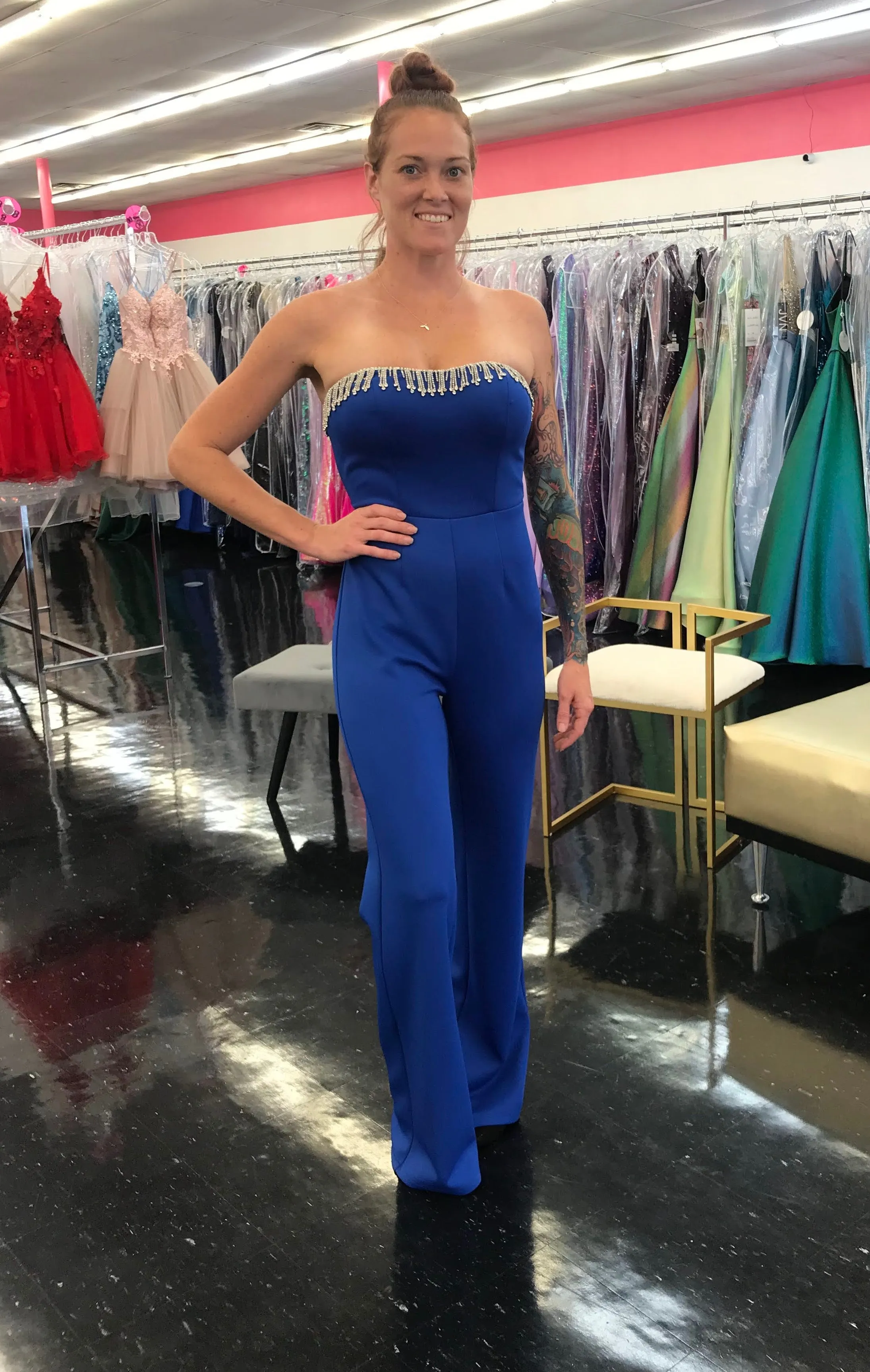 Marc Defang 8180 Size 4 Royal Blue Long Scuba Strapless Jumpsuit Crystal Fringe Tassel Pageant Neon