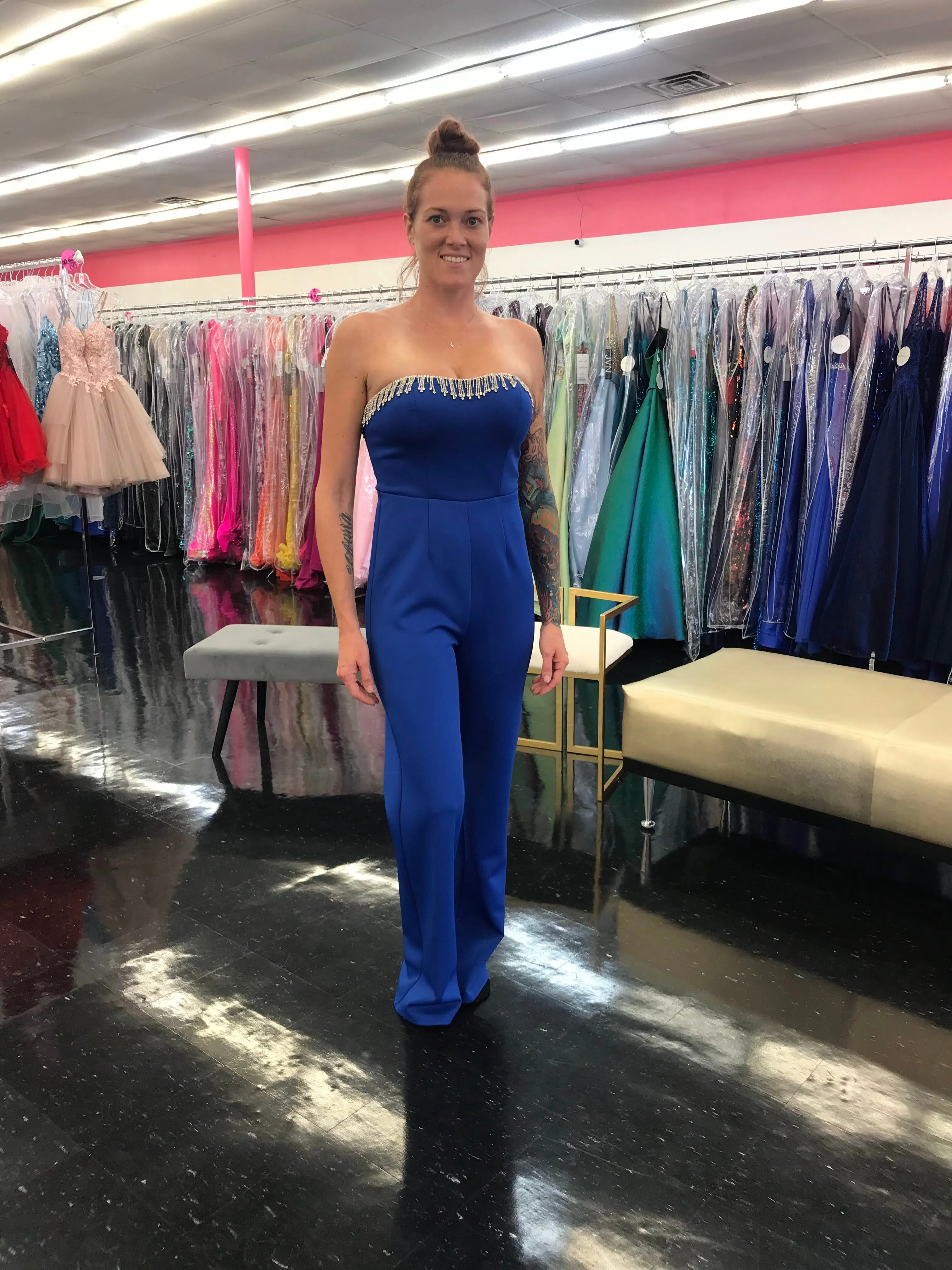 Marc Defang 8180 Size 4 Royal Blue Long Scuba Strapless Jumpsuit Crystal Fringe Tassel Pageant Neon