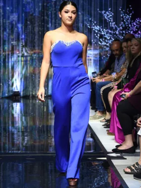 Marc Defang 8180 Size 4 Royal Blue Long Scuba Strapless Jumpsuit Crystal Fringe Tassel Pageant Neon