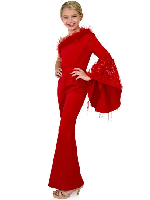 Marc Defang 8222K Girls Pageant Jumpsuit Feather One Shoulder Long Bell Sleeve Formal Wear Scuba