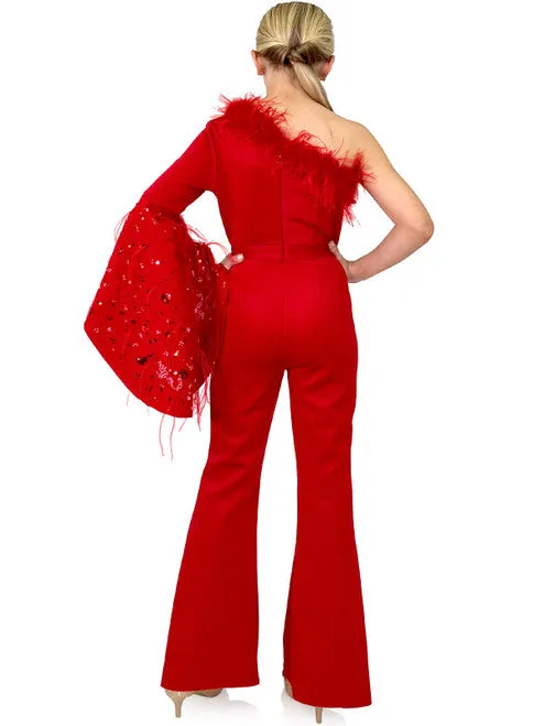 Marc Defang 8222K Girls Pageant Jumpsuit Feather One Shoulder Long Bell Sleeve Formal Wear Scuba