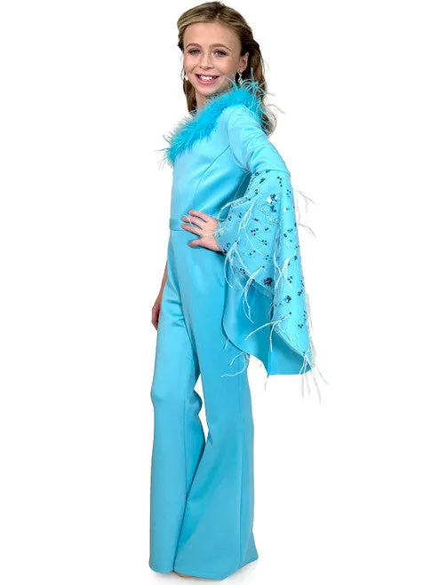 Marc Defang 8222K Girls Pageant Jumpsuit Feather One Shoulder Long Bell Sleeve Formal Wear Scuba