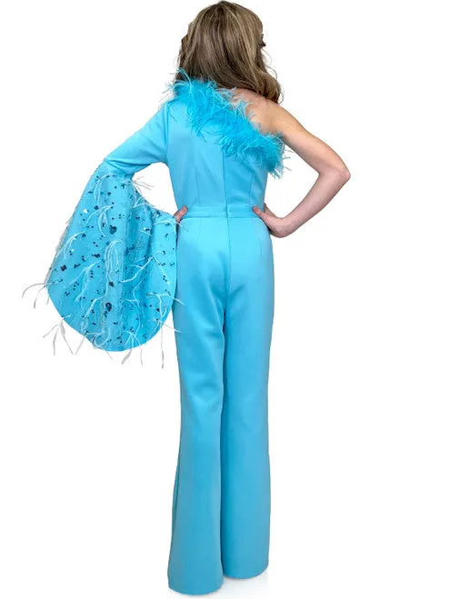 Marc Defang 8222K Girls Pageant Jumpsuit Feather One Shoulder Long Bell Sleeve Formal Wear Scuba