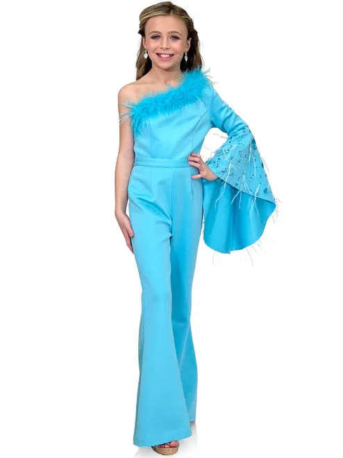 Marc Defang 8222K Girls Pageant Jumpsuit Feather One Shoulder Long Bell Sleeve Formal Wear Scuba