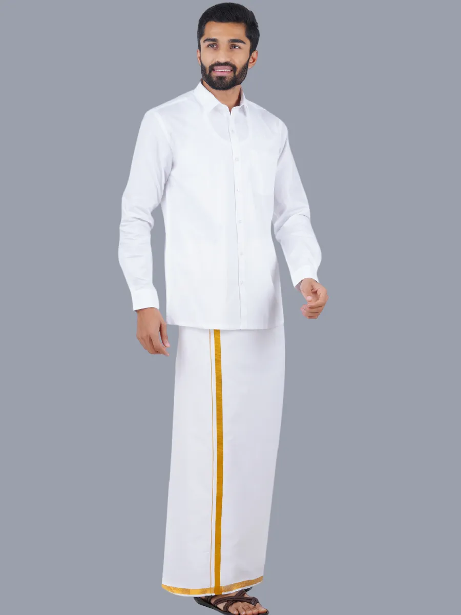 Men 100% Cotton White Full Sleeves Shirt with 3/4'' inch Gold Jari Single Dhoti Combo