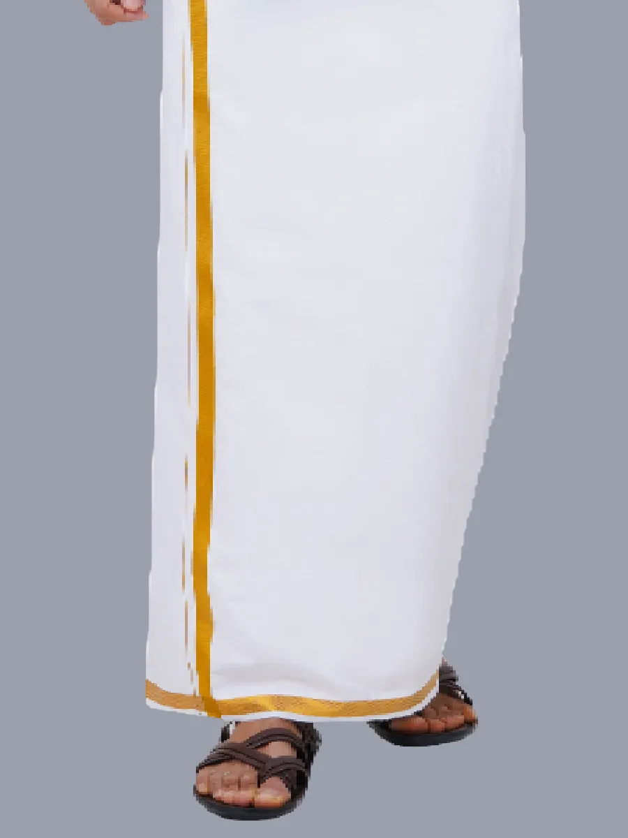 Men 100% Cotton White Full Sleeves Shirt with 3/4'' inch Gold Jari Single Dhoti Combo