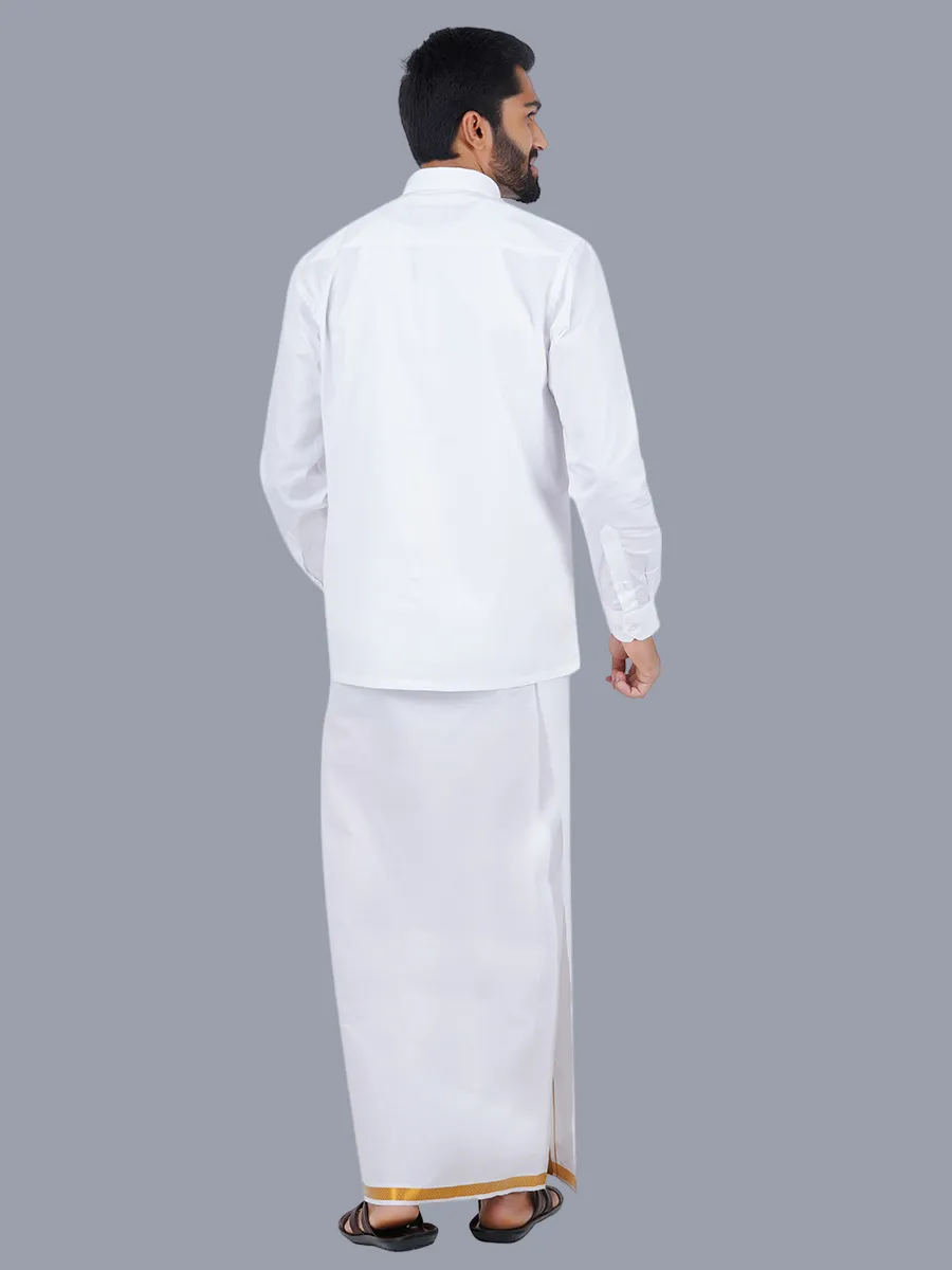 Men 100% Cotton White Full Sleeves Shirt with 3/4'' inch Gold Jari Single Dhoti Combo