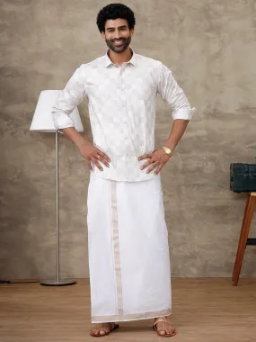 Men Cream Matching Border Dhoti With Printed Shirt Set Fusion PS1