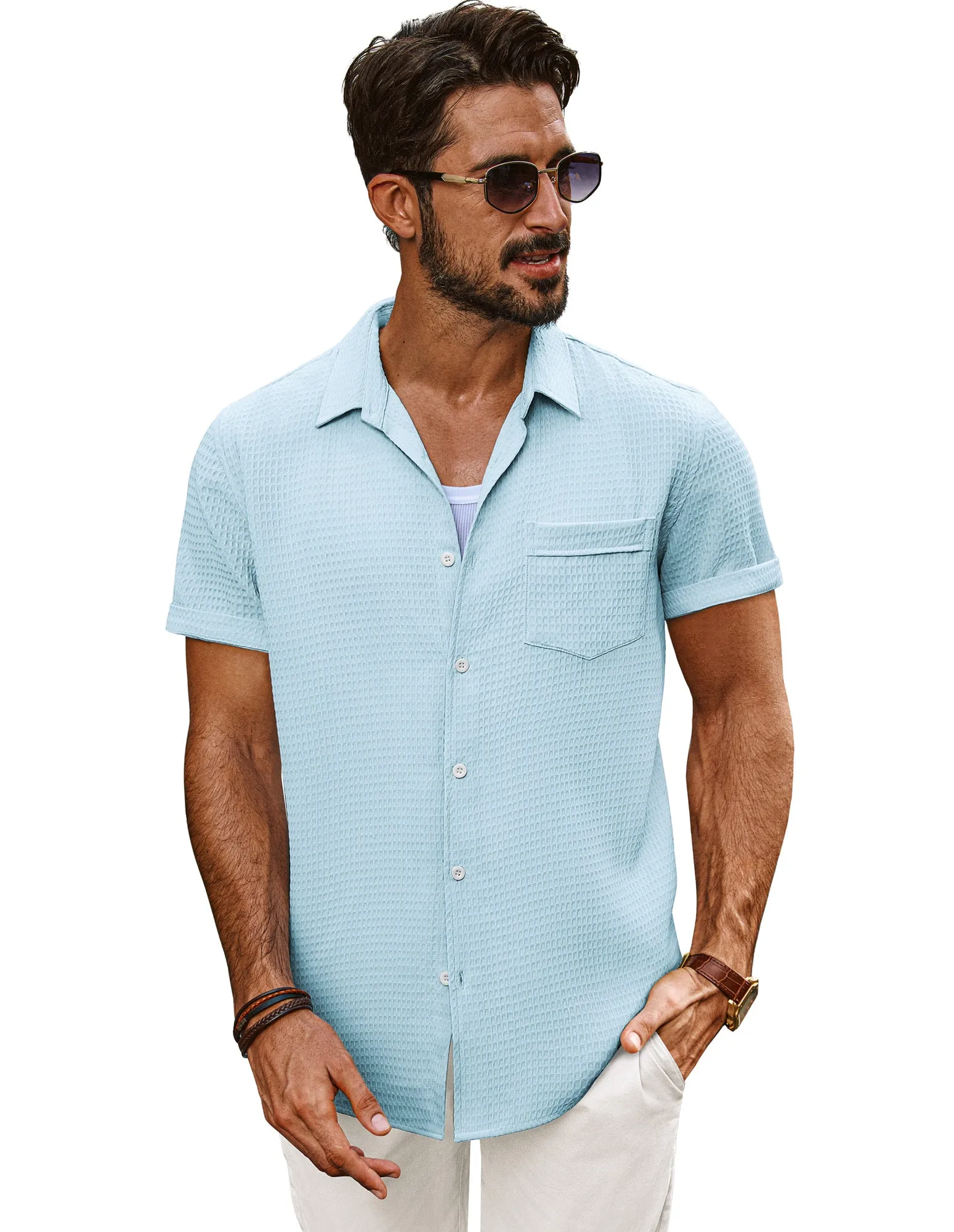 Men Textured Fabric Shirt Casual Short Sleeve Lapel Collar Button-up Tops