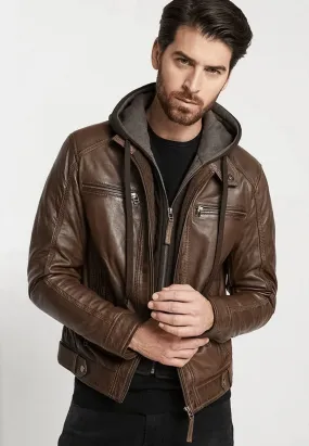 Men's Chocolate Brown Leather Jacket Removable Hood