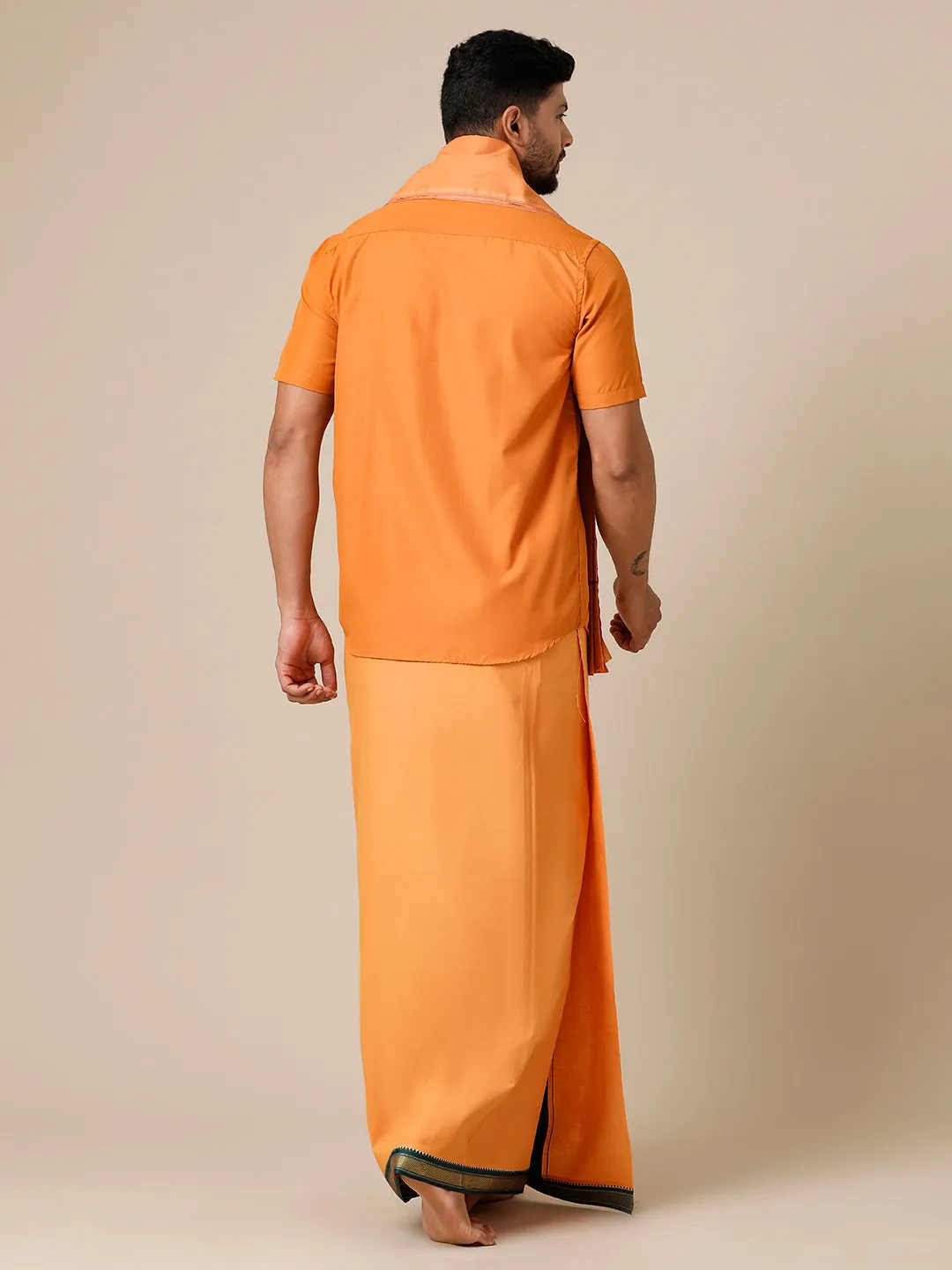 Mens Devotional Half Sleeve Shirt,Dhoti & Towel 3 in 1 Kavi