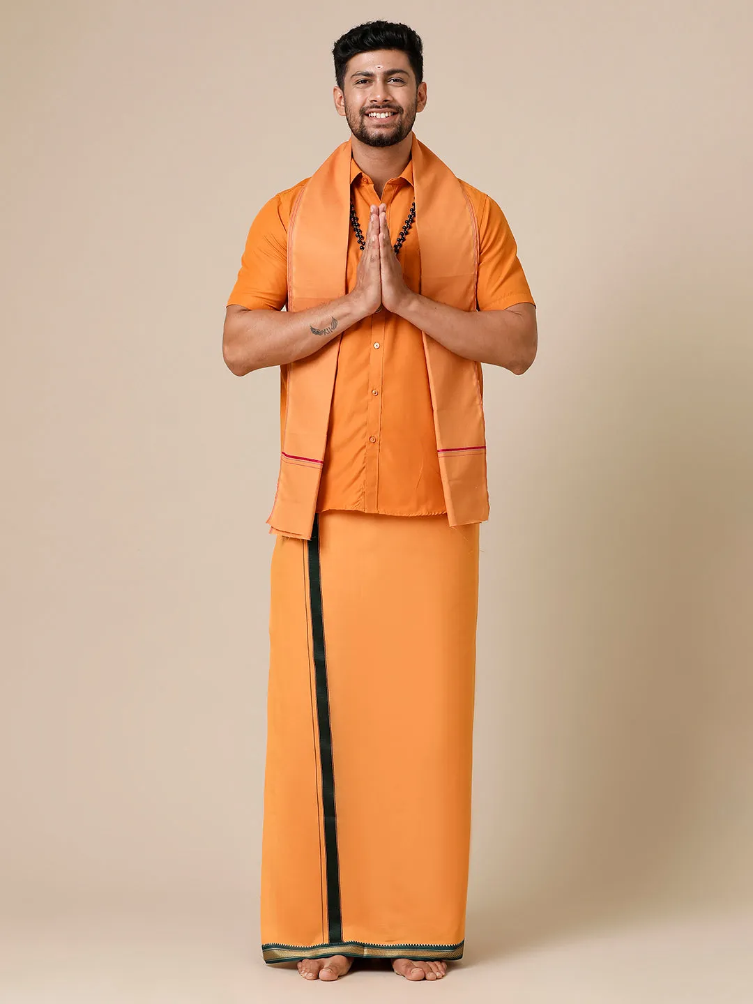 Mens Devotional Half Sleeve Shirt,Dhoti & Towel 3 in 1 Kavi