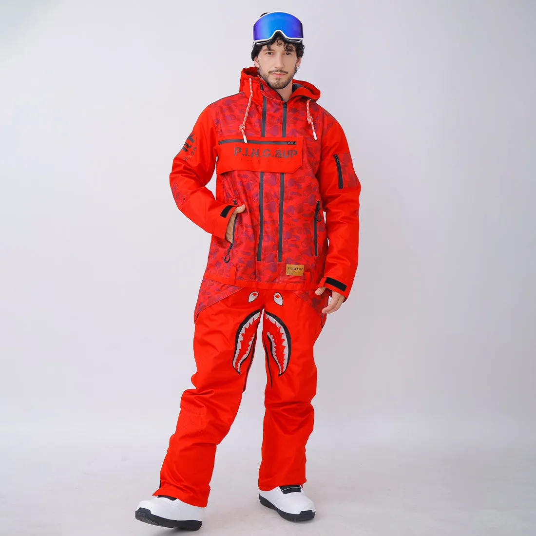 Men's PINGUP P-40 Fighter & Shark Conjoined One Piece Snowboard Jumpsuit