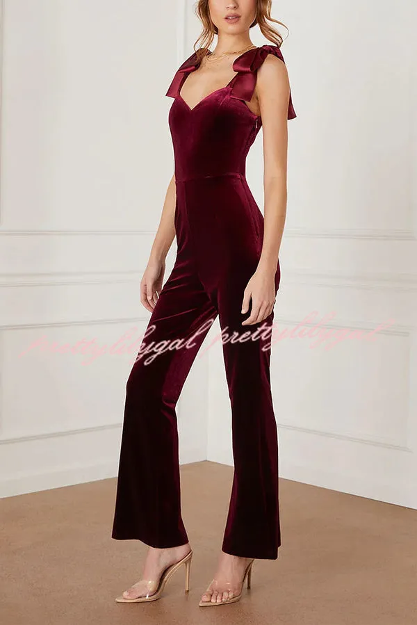 Merlot Sippin' Velvet Shoulder Tie Flare Stretch Jumpsuit