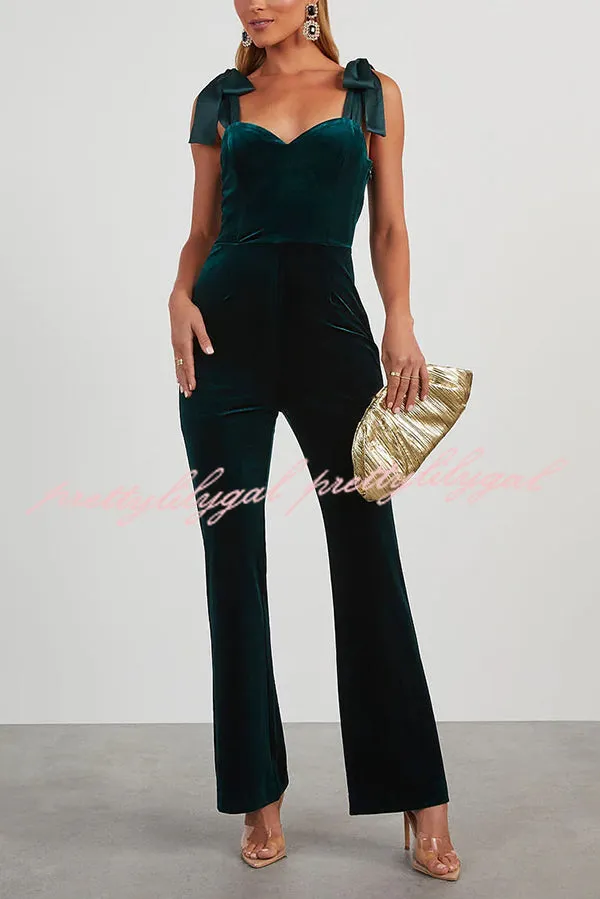 Merlot Sippin' Velvet Shoulder Tie Flare Stretch Jumpsuit