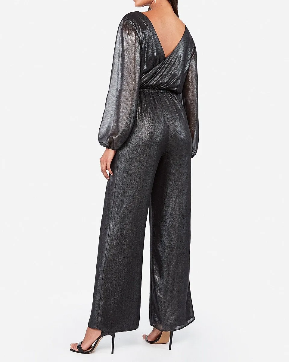 Metallic Surplice Side Tie Wide Leg Jumpsuit in Black Stripe