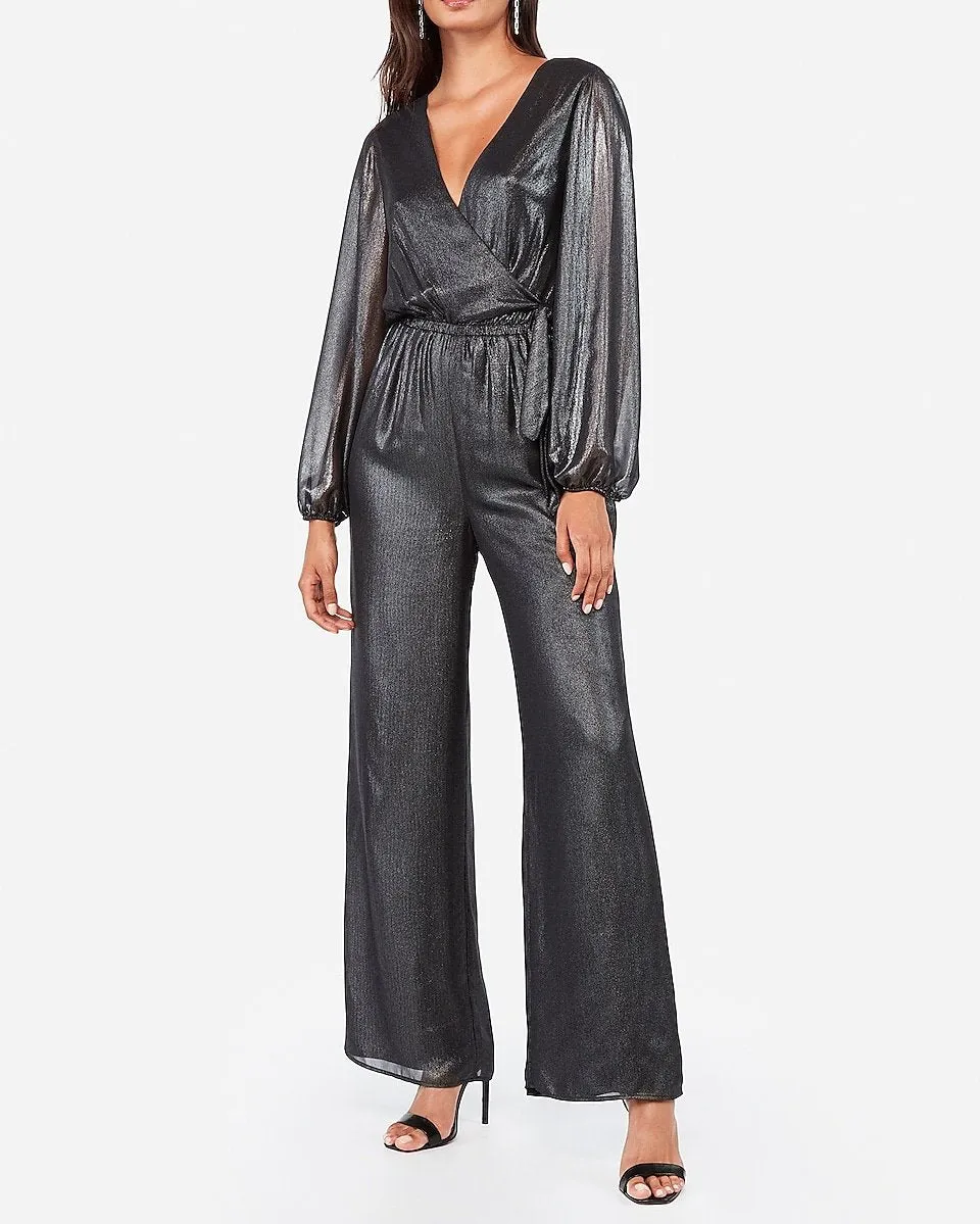 Metallic Surplice Side Tie Wide Leg Jumpsuit in Black Stripe