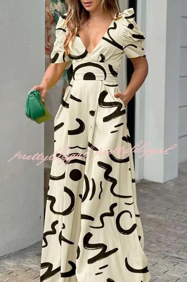 Milly Printed Puff Sleeve Pocketed Wide Leg Jumpsuit