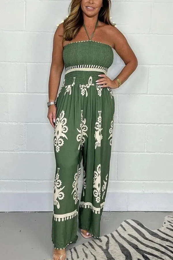 Minerva Ethnic Print Smocked Halterneck Wide Leg Jumpsuit