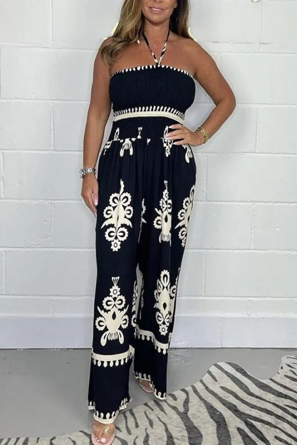 Minerva Ethnic Print Smocked Halterneck Wide Leg Jumpsuit