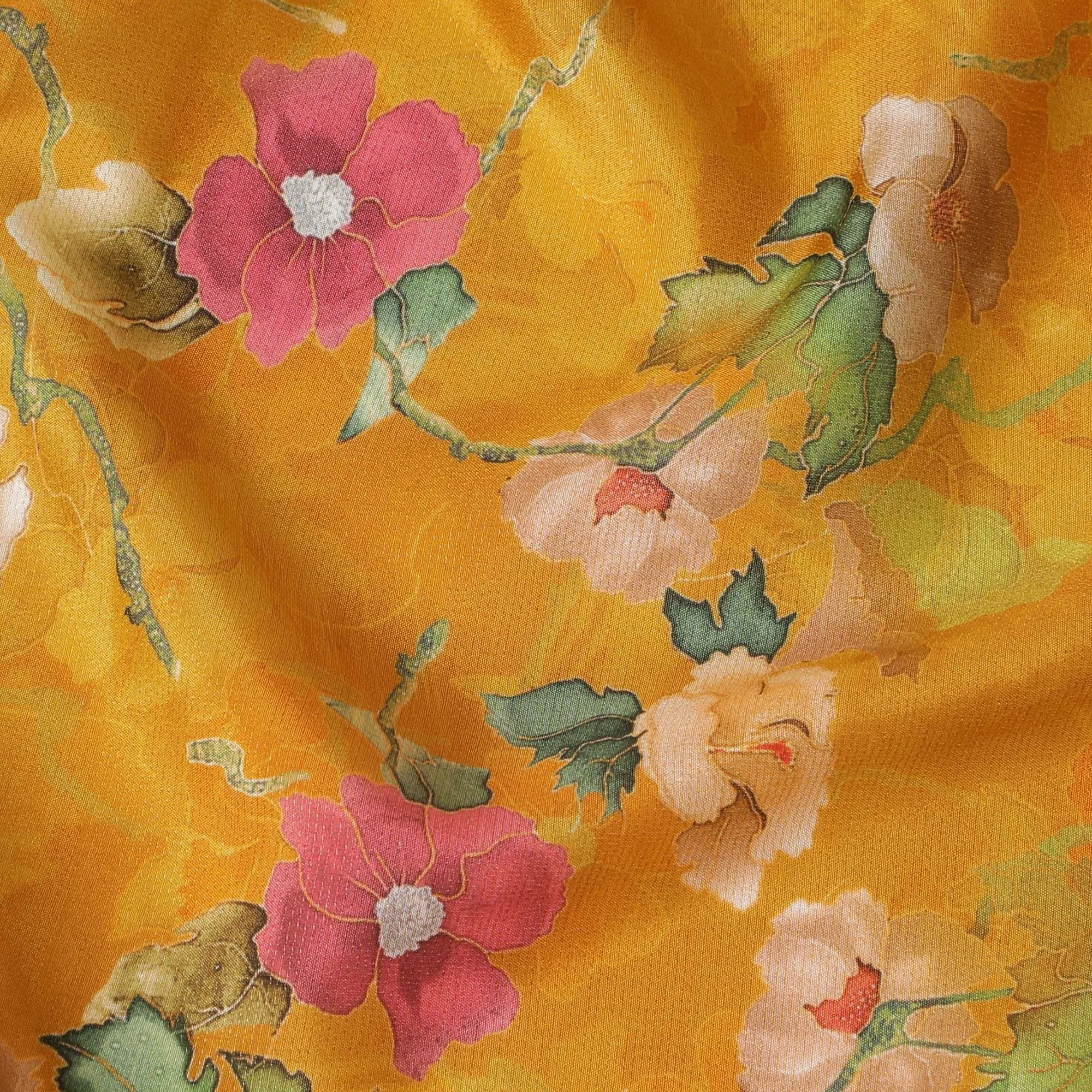 Mustard yellow blended viscose organza fabric with multicolor print having metallic finish in floral design-D17489