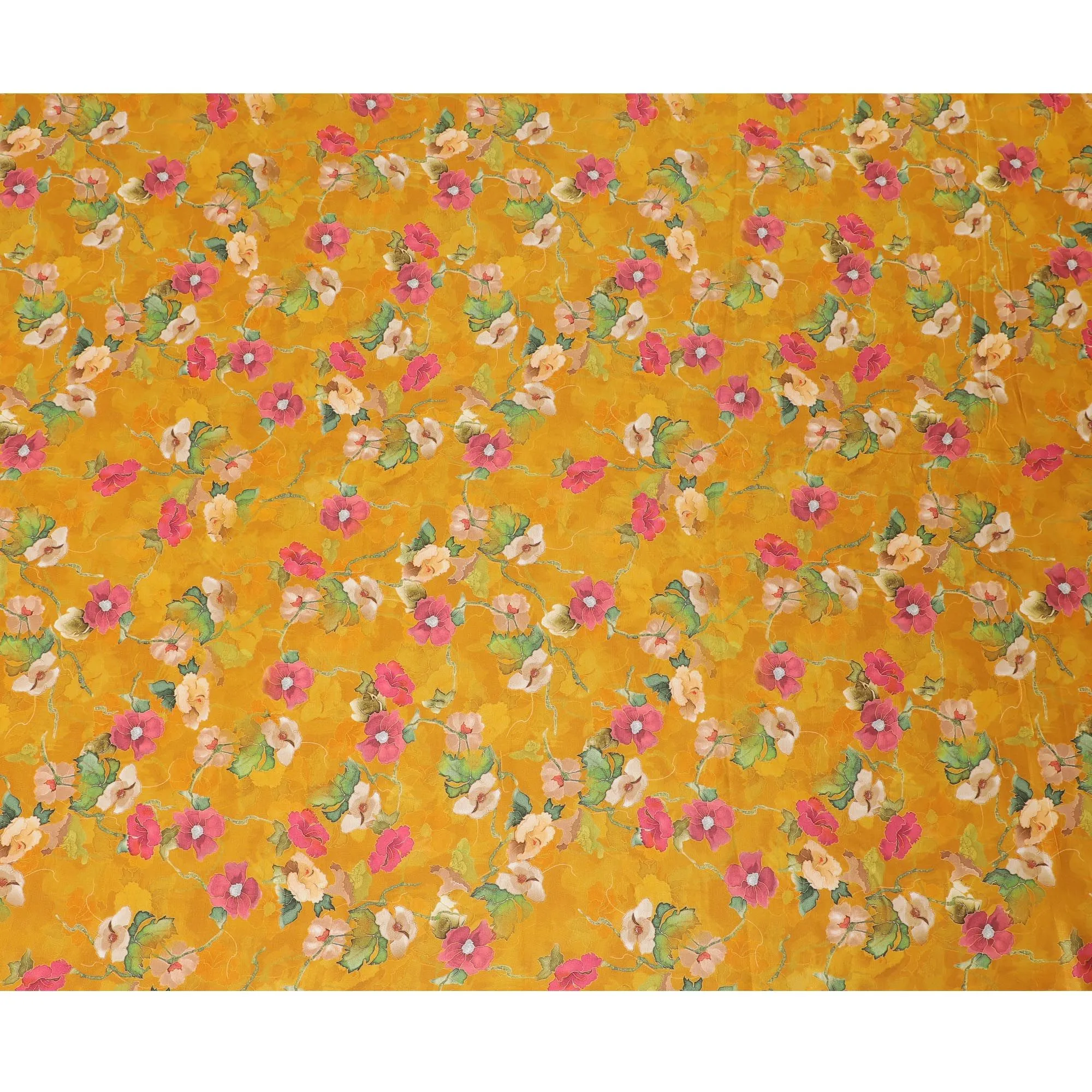 Mustard yellow blended viscose organza fabric with multicolor print having metallic finish in floral design-D17489