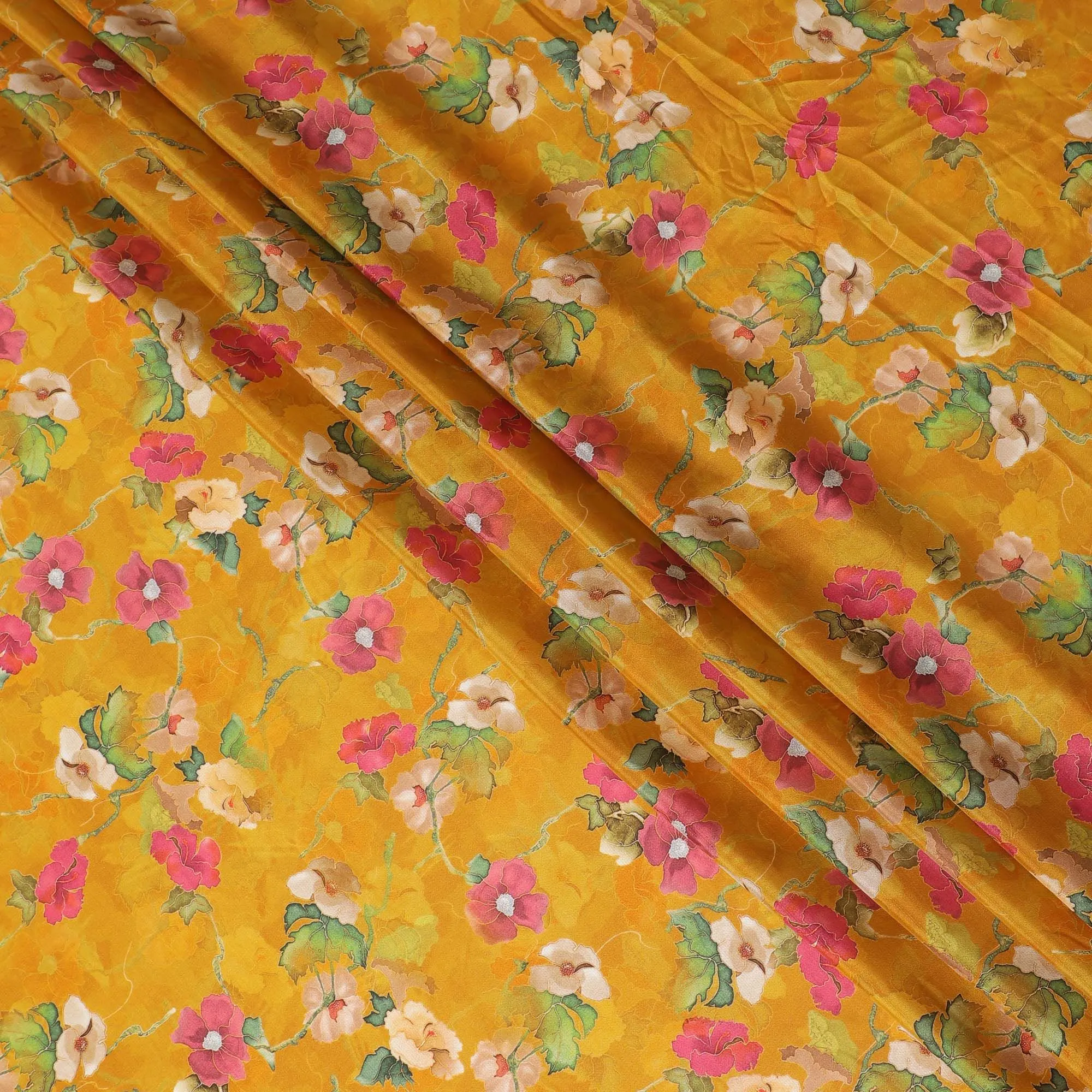 Mustard yellow blended viscose organza fabric with multicolor print having metallic finish in floral design-D17489