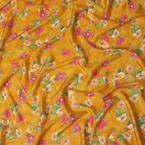 Mustard yellow blended viscose organza fabric with multicolor print having metallic finish in floral design-D17489