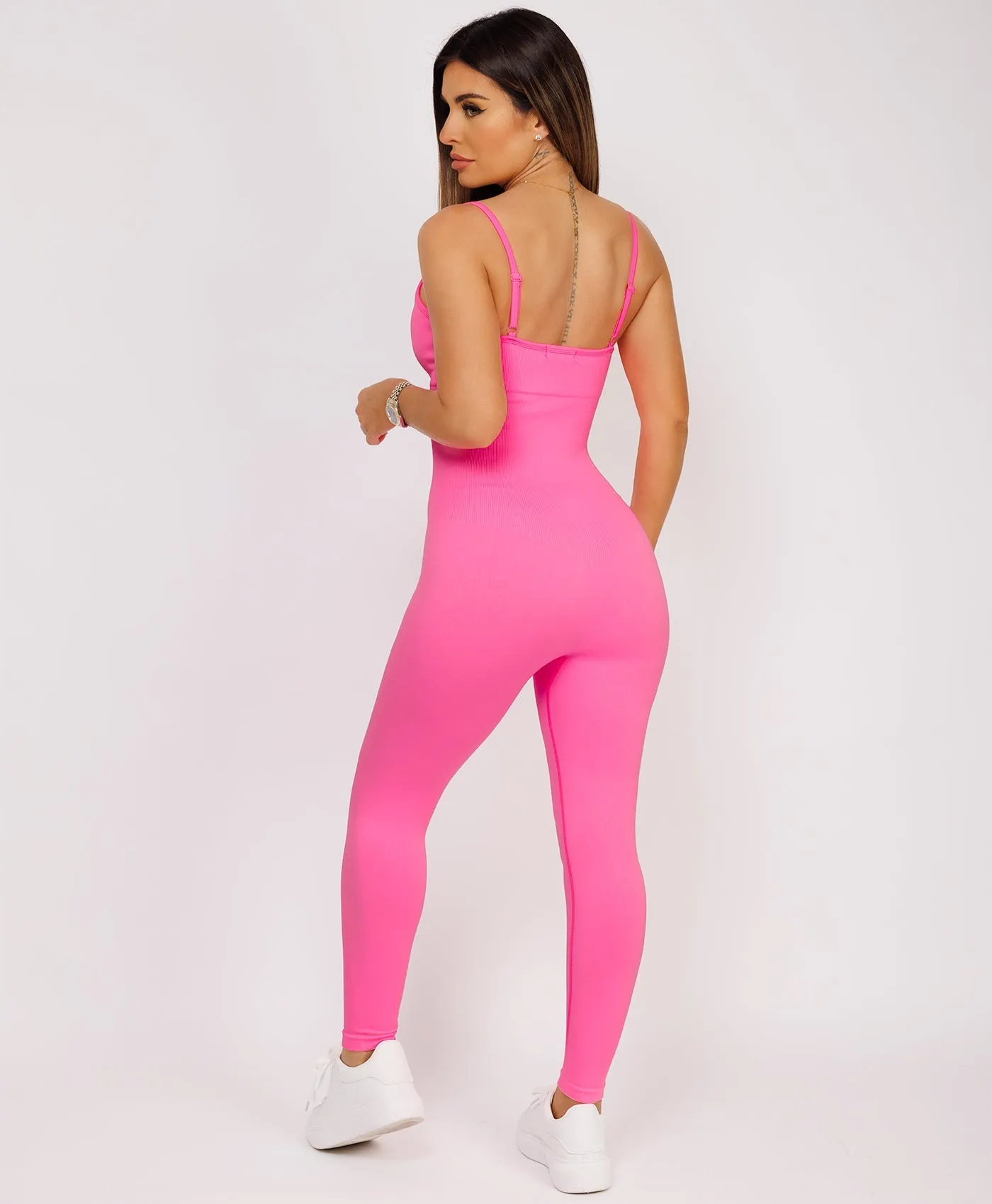 Neon Pink Elastic Ribbed Waist Spaghetti Strap Jumpsuit