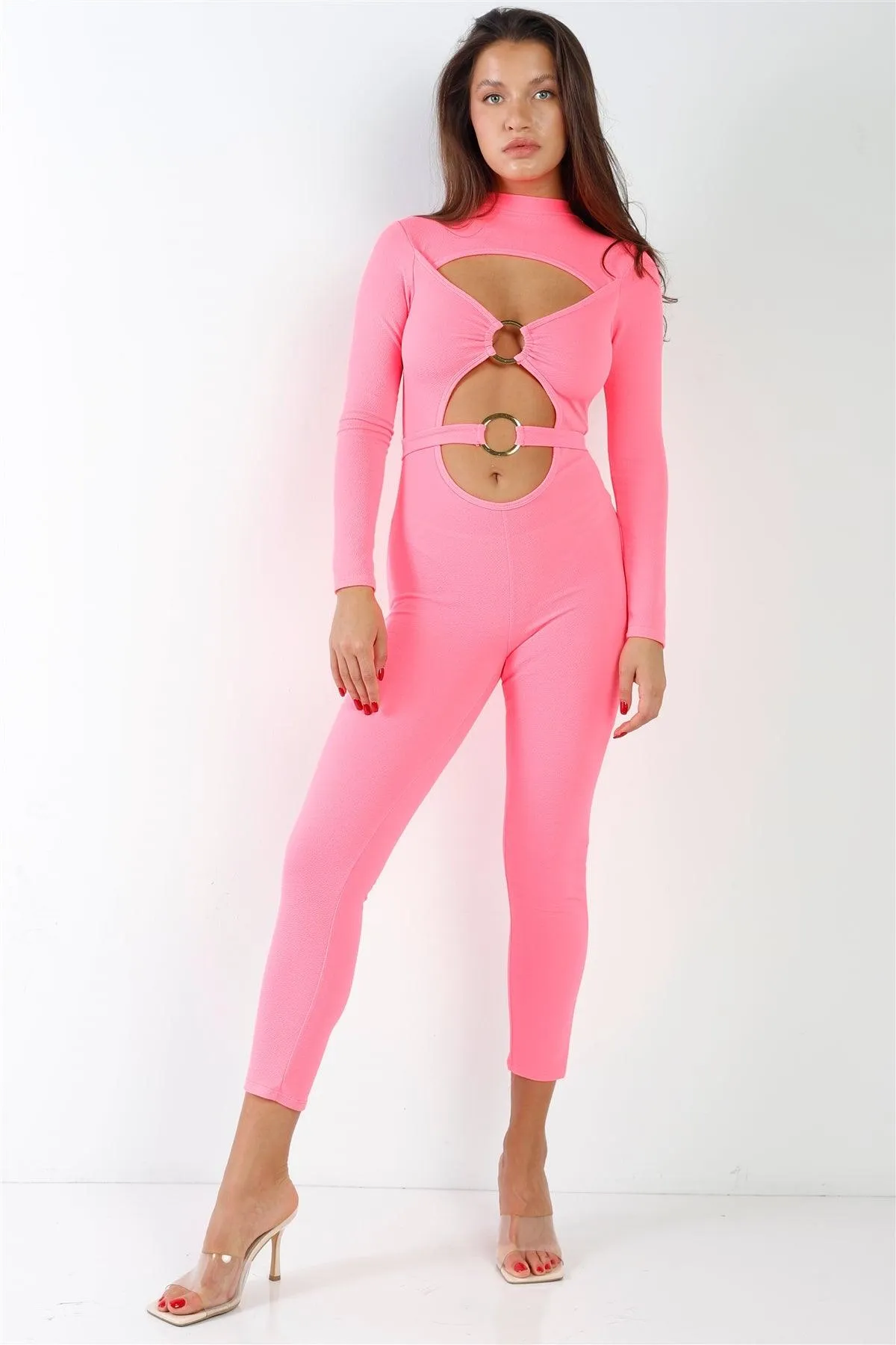 Neon Pink Gold "O" Emblem Cut Out Jumpsuit /2-2-2