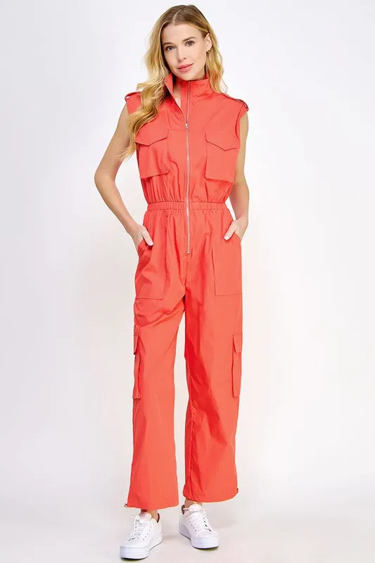 Orange High Neck Cargo Technical Jumpsuit