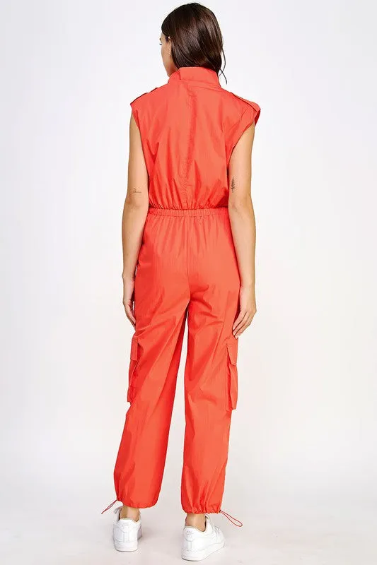 Orange High Neck Cargo Technical Jumpsuit