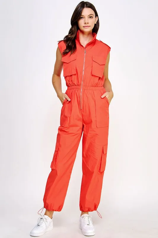 Orange High Neck Cargo Technical Jumpsuit