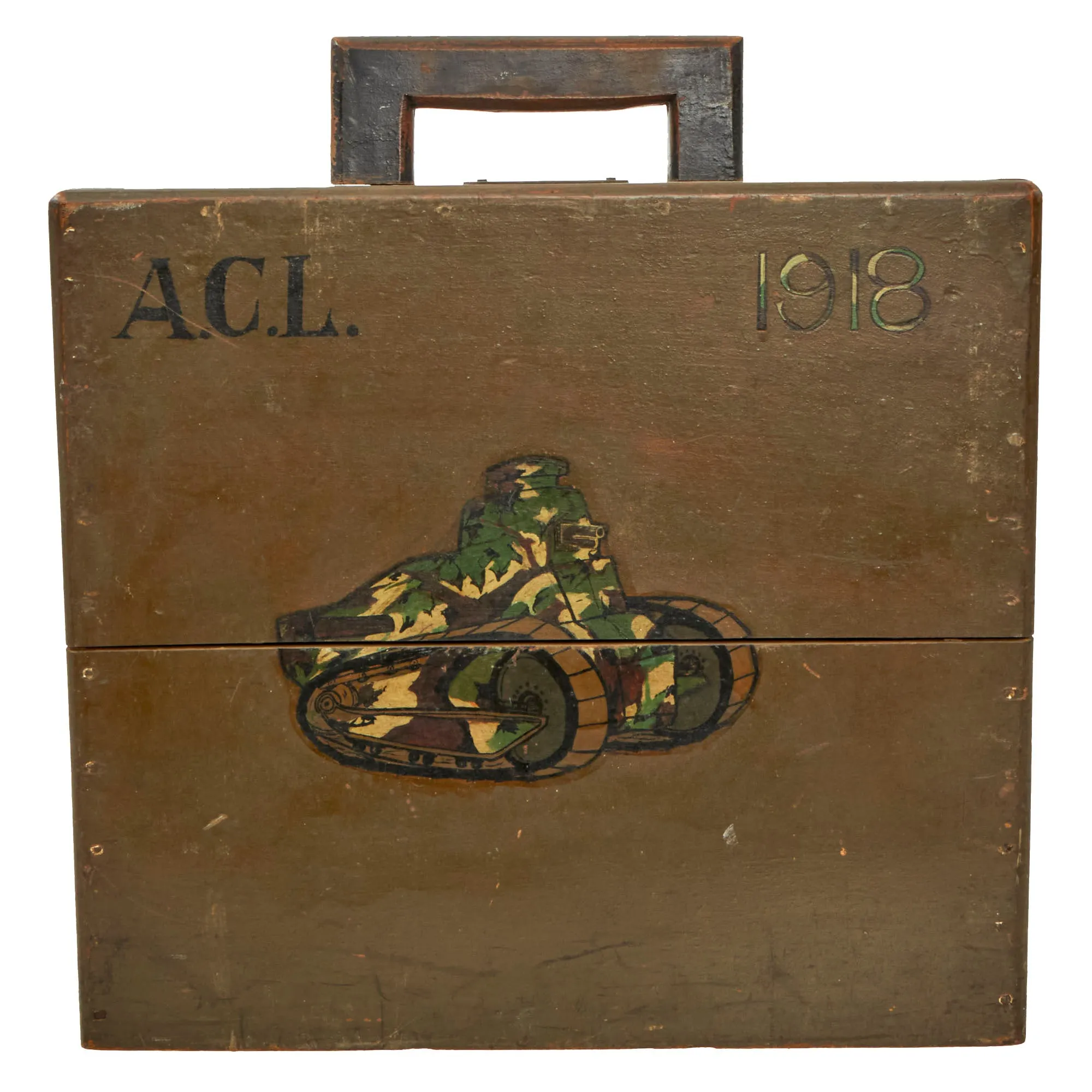 Original French WWI Wooden Typewriter Case With Painted Renault FT Light Tank on the Front - Formerly A.A.F. Tank Museum Collection