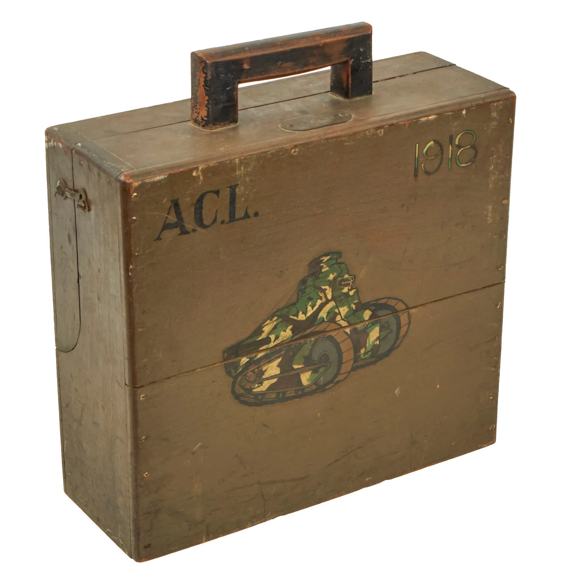 Original French WWI Wooden Typewriter Case With Painted Renault FT Light Tank on the Front - Formerly A.A.F. Tank Museum Collection