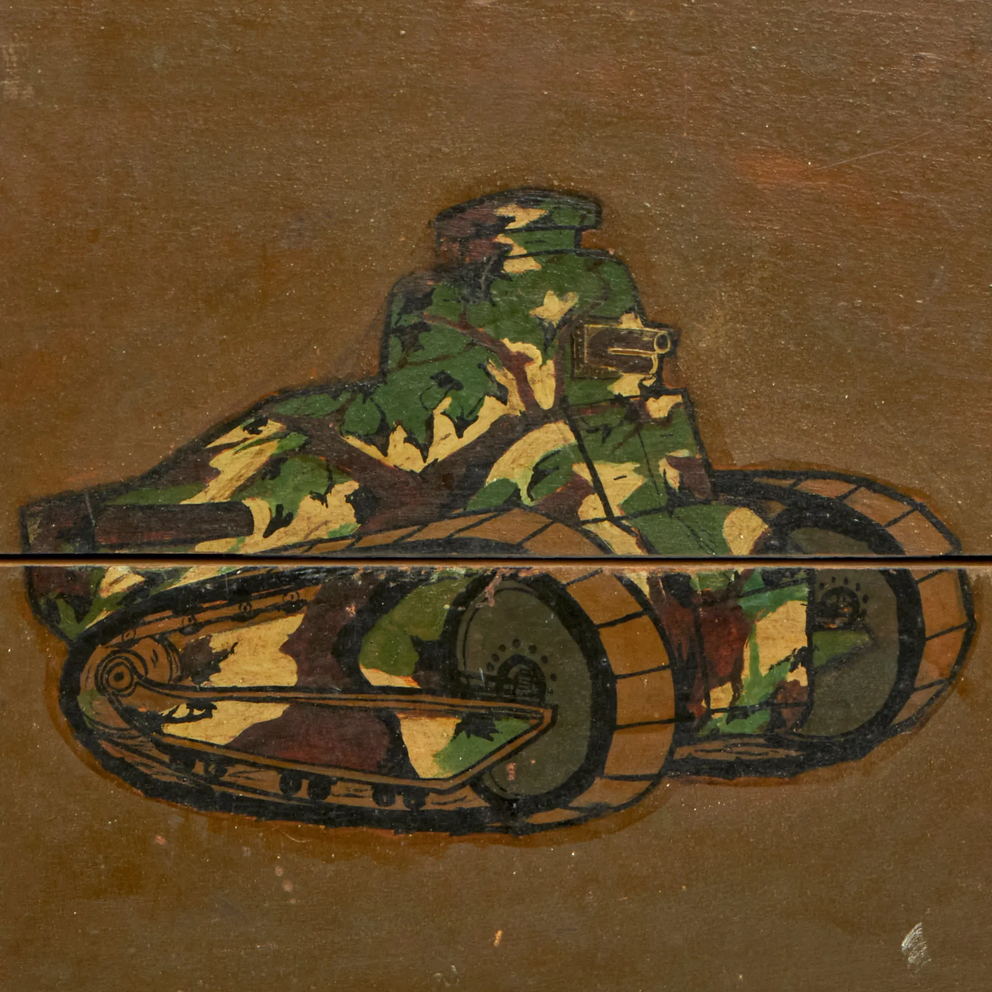 Original French WWI Wooden Typewriter Case With Painted Renault FT Light Tank on the Front - Formerly A.A.F. Tank Museum Collection