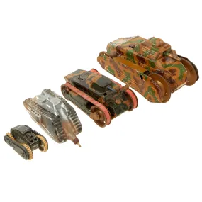 Original German Pre WWII to Occupation Era Children’s Tin Toy Tank Collection With Pre War Tree Ornament - 4 Items - Formerly A.A.F. Tank Museum Collection