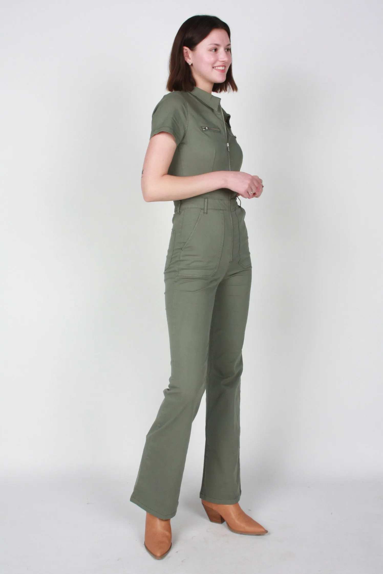 Pistola Martina Short Sleeve Flare Jumpsuit in Colonel