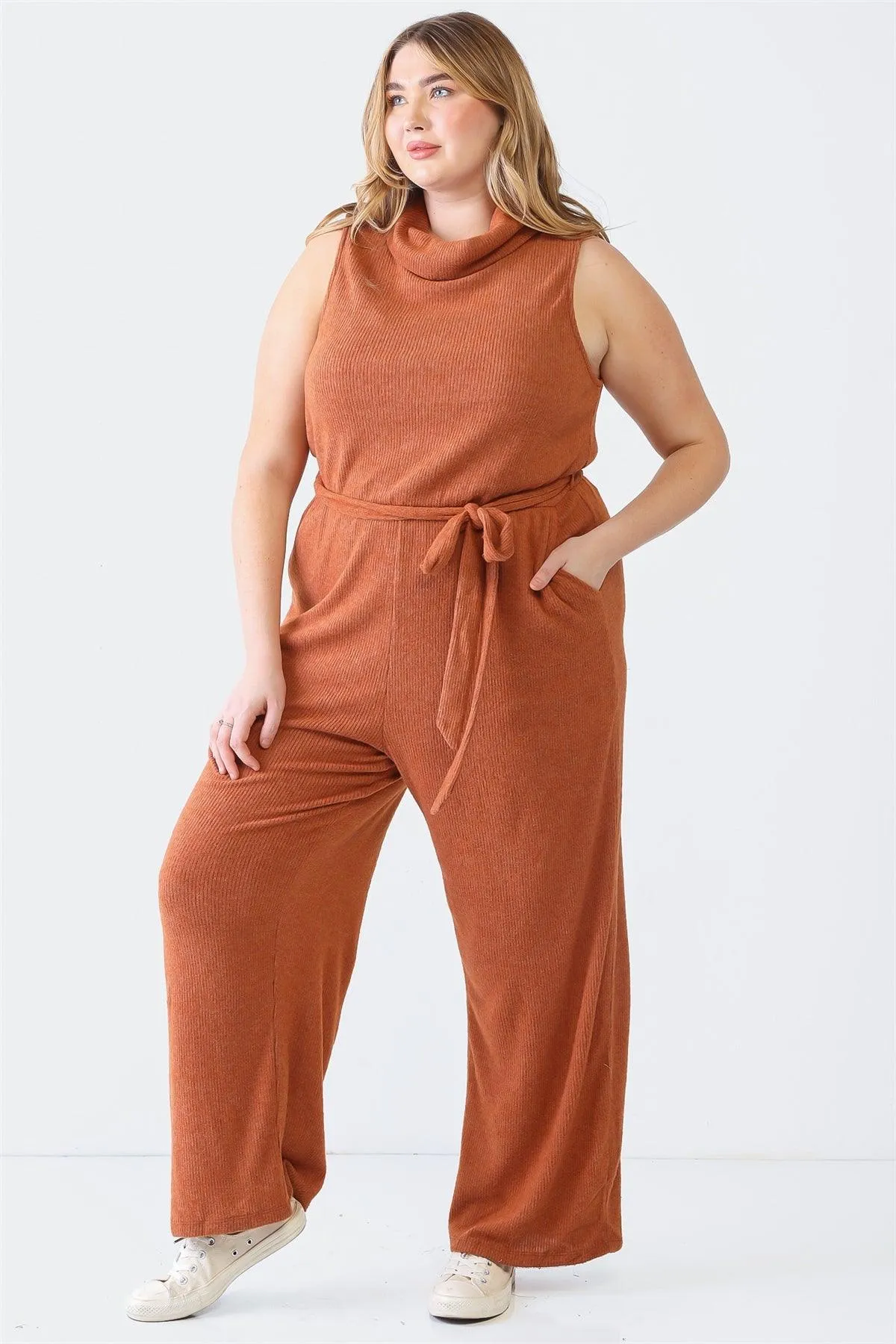 Plus Size Ribbed Sleeveless Turtle Neck Belted Jumpsuit