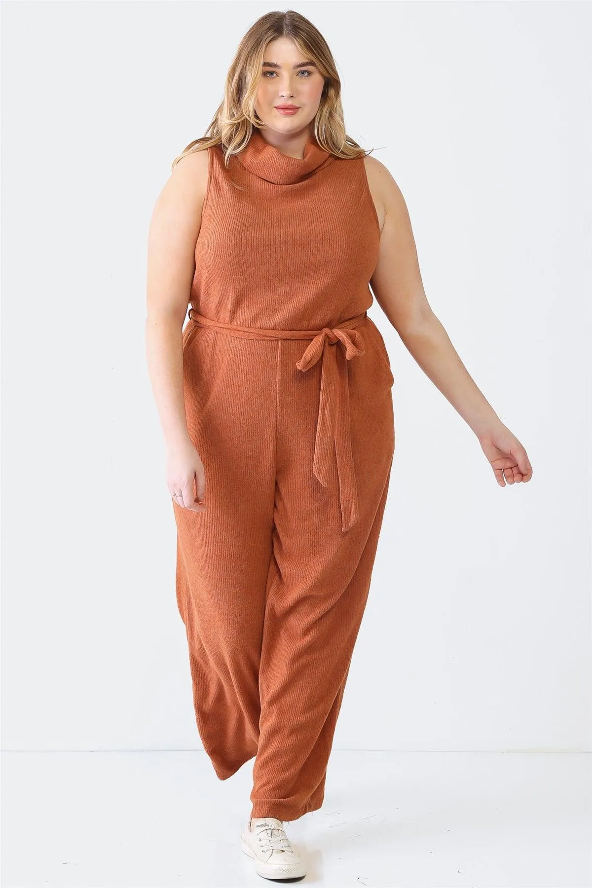 Plus Size Ribbed Sleeveless Turtle Neck Belted Jumpsuit