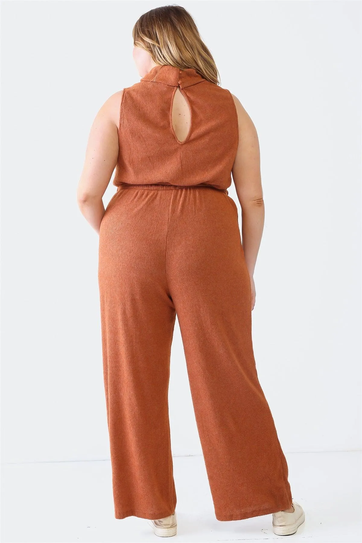 Plus Size Ribbed Sleeveless Turtle Neck Belted Jumpsuit