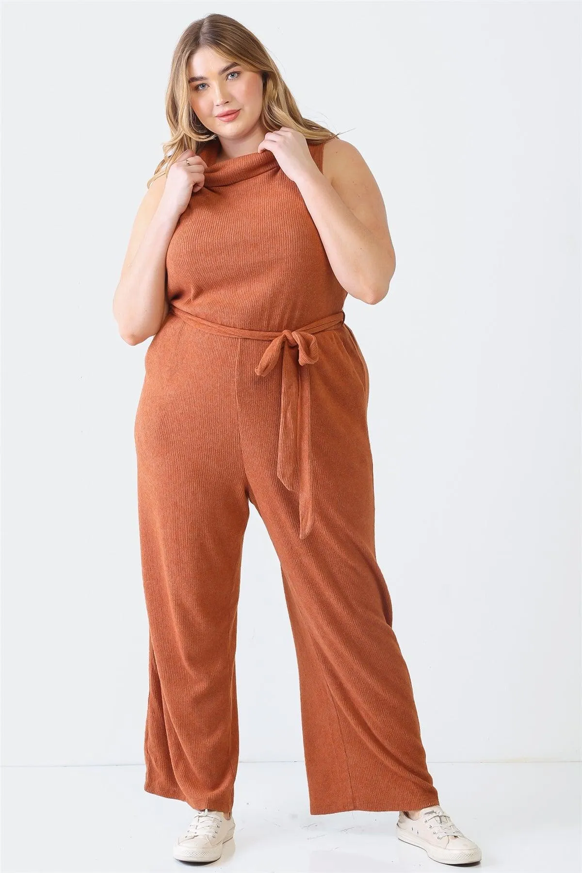 Plus Size Ribbed Sleeveless Turtle Neck Belted Jumpsuit