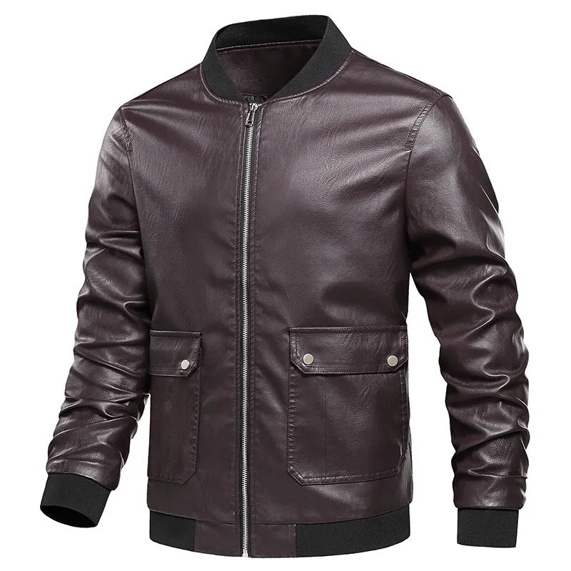 PU Leather Motorcycle Jacket Solid Color Jacket Men's Jacket