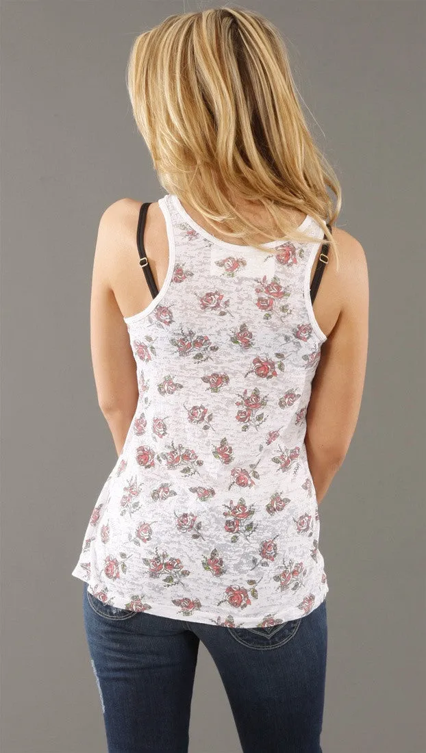 Public Library Ditsy Rose Pocket Burnout Tank in Linen